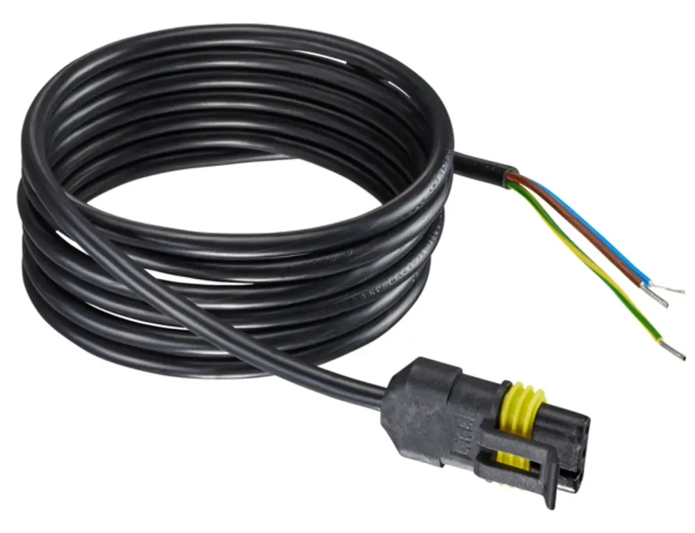 OVENTROP Netzanschlusskabel für Grundfos UPM 3, 1358149. Schwarzes, aufgerolltes Stromkabel mit Stecker und offenen Enden in den Farben Blau, Braun und Grün/Gelb.